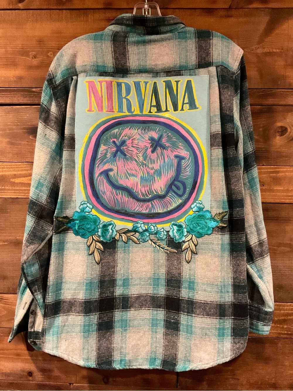 Custom NIRVANA "Nevermind" Distressed Grunge Plaid Flannel Shirt Men's LARGE LG
